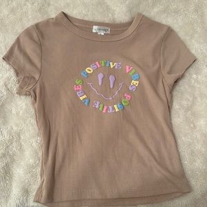 cute fitted top, tan with rainbow letters